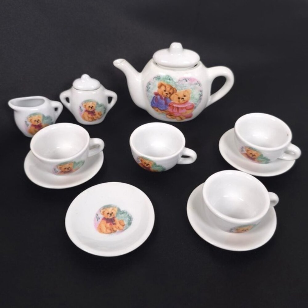 VINTAGE 1991‎ MINI PORCELAIN TEA SET TEDDY BEARS 12 Pieces Cups Saucers